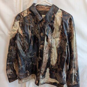 Chicos Embroidered Printed Fabric Jacket Looks Like Leather Size 2/Large